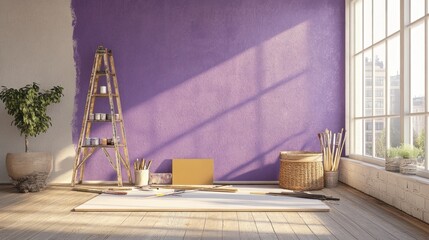 A clean and organized room ready for painting, with tools arranged by the wall and a fresh palette of paint colors selected for the project
