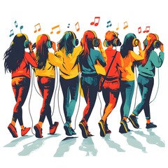 Colorful scene of people listening to music, designed in a retro style with contrasting colors and minimal details. The illustration conveys a joyful entertainment vibe, isolated on a white background