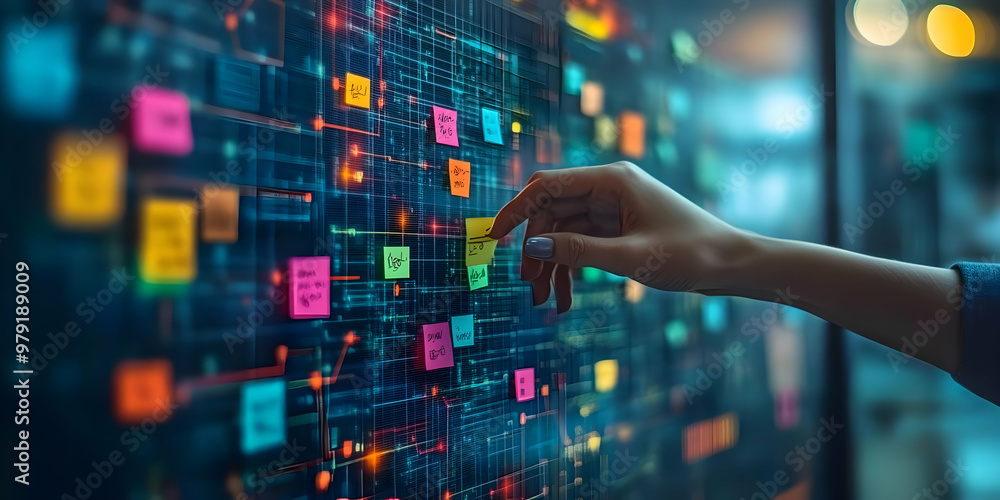 Poster cybersecurity illustration - hand organizing data flow with sticky notes on digital interface