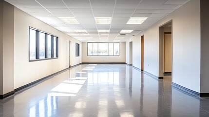 Fototapeta premium A clean, modern office space ready for a renovation, with empty walls awaiting a fresh coat of paint and new interior