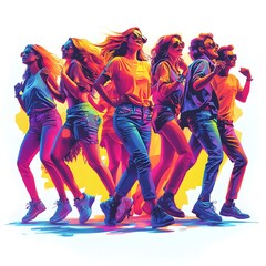 Fototapeta premium Group of people dancing and listening to music, rendered in vibrant retro colors with minimal details. The relaxed entertainment scene is isolated on a white background