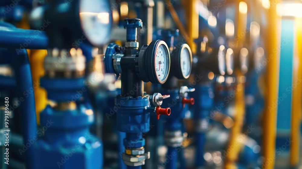 Poster a close-up of a gas pipeline control system, where operators manage the pressure and flow of natural