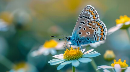Obraz premium Close-up of a butterfly resting on a flower in a meadow