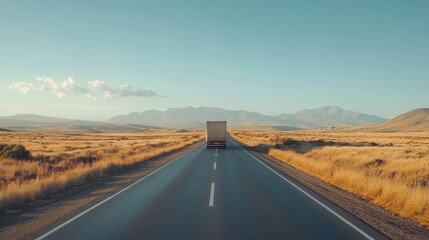 A truck driving alone on a wide, empty road through the countryside, evoking a sense of freedom and adventure.