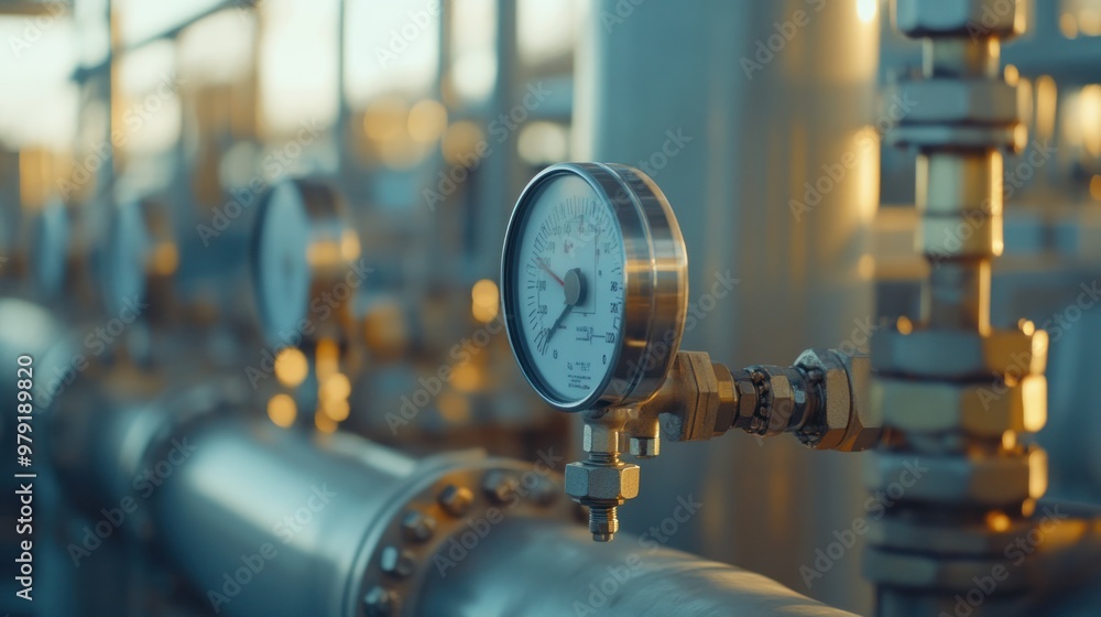Poster a close-up of a gas pipeline control system, where operators manage the pressure and flow of natural