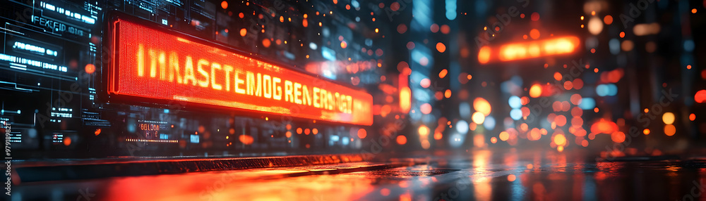 Poster immediate renderer 3d illustration - glowing red sign in futuristic city with data and code