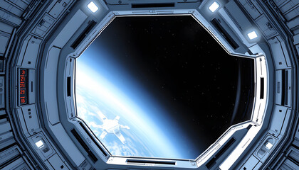 Futuristic space station window 3D rendering isolated with white highlights, png