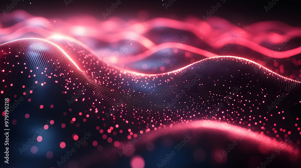 Poster abstract background with glowing red waves of particles