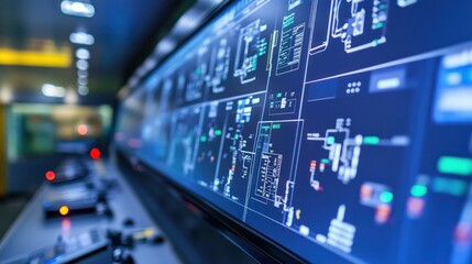 Obraz premium A close-up of a pipeline network control room, with digital monitors tracking natural gas flow and distribution, ensuring efficient energy logistics