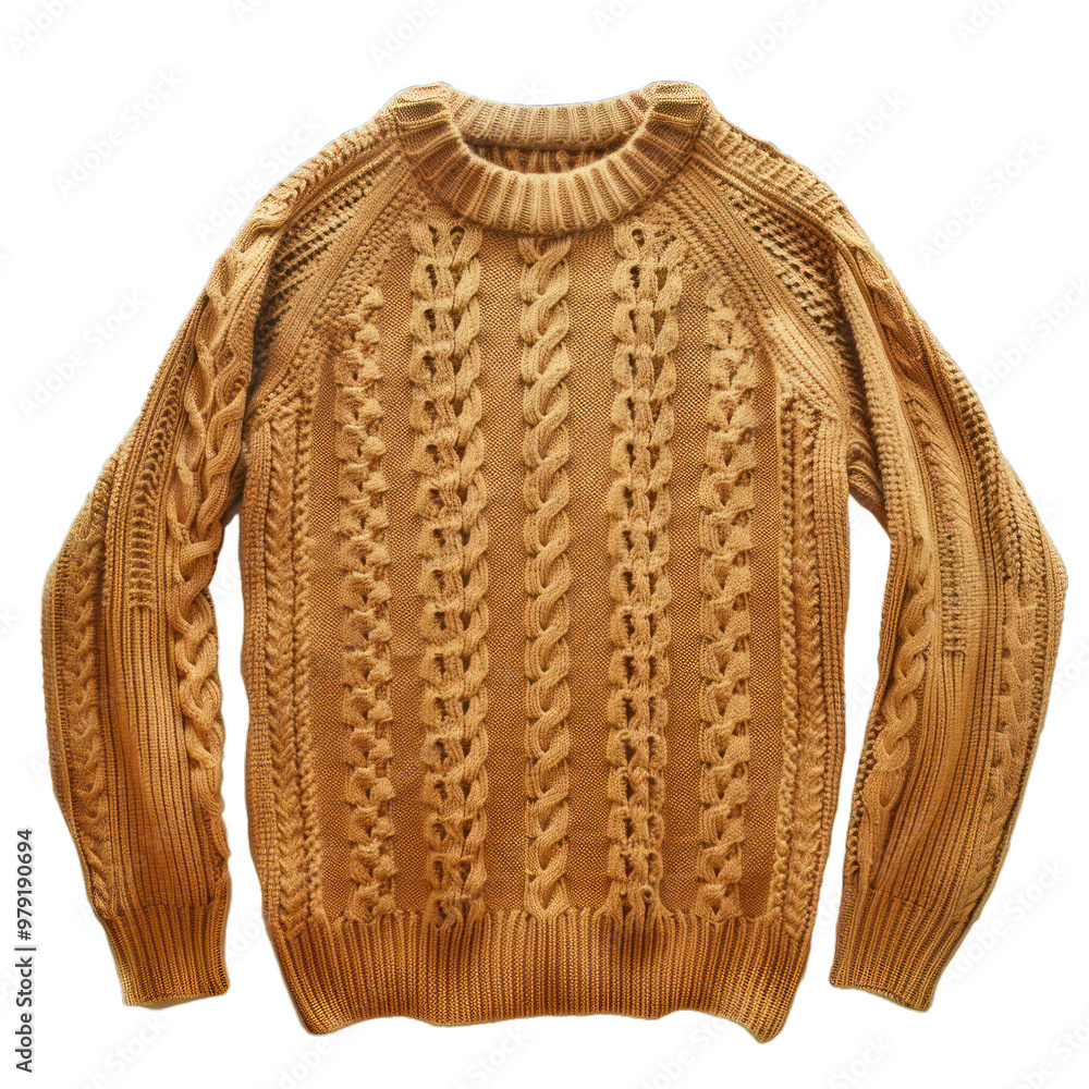 Wall mural Brown cable knit sweater laying on a white background