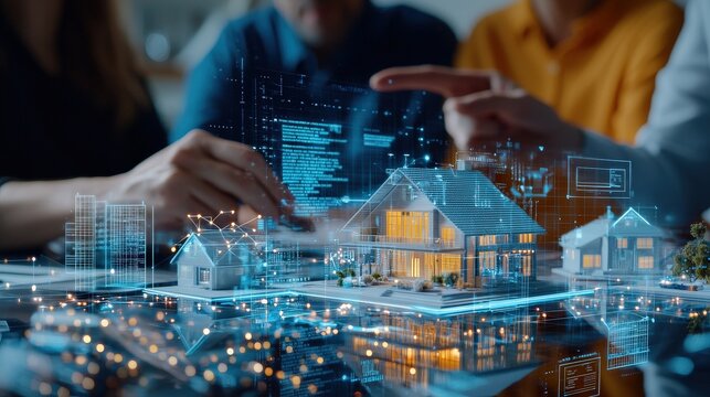 Real estate agent presenting a house model to a couple with a digital screen showing property details