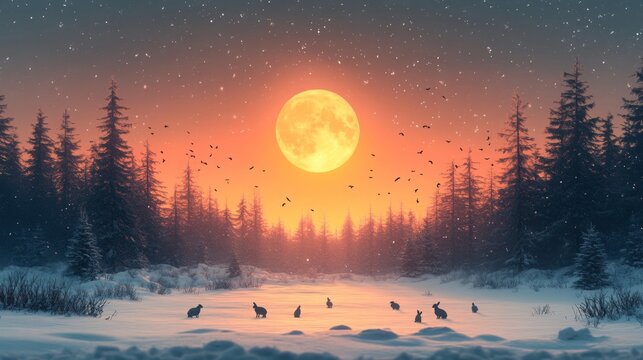 Crimson Moon Over Winter Wonderland: A pack of wolves gather under a giant, glowing crimson moon in a snow-covered forest.