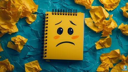 A yellow notepad with a sad face illustration on a blue background, surrounded by crumpled paper.