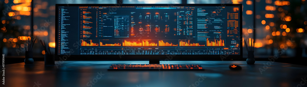 Poster 3d illustration of data analysis software on a computer screen
