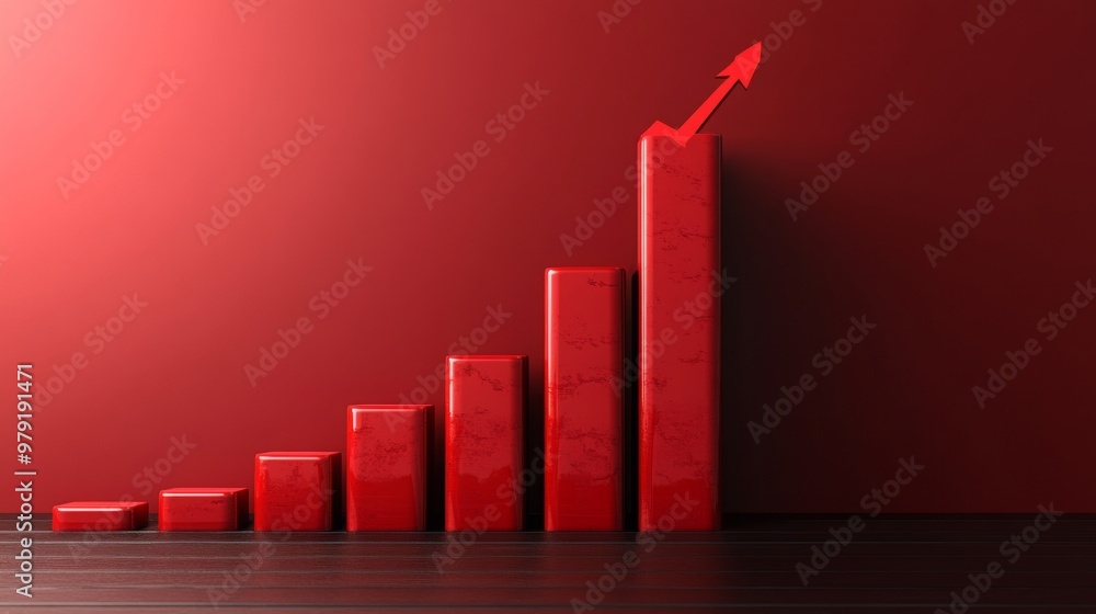 Poster a 3d business graph with a red arrow on a red background, illustrating growth and progress in financ