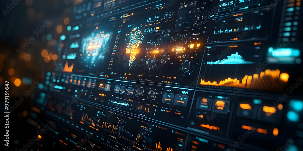 Poster global data analysis 3d illustration: financial charts, graphs, and world map display