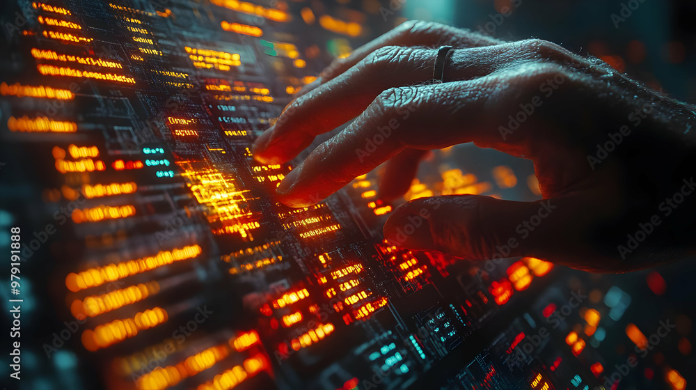 Poster digital technology 3d illustration - hand interacting with futuristic data interface