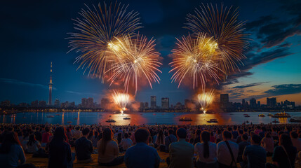 A vibrant image capturing a group of people joyfully celebrating with lights in the USA, creating a festive atmosphere.