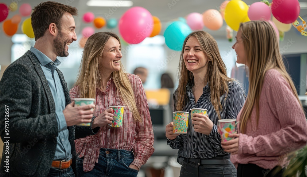 Aufkleber group of four smiling colleagues enjoying a break with colorful drinks and balloons in an office cel