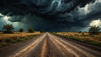 Road Into The Storm. Dramatic Stormy Skies, Dark Clouds and Lightning Landscape. Ideal for Wallpaper or Background.