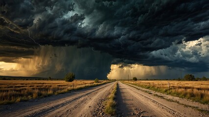 Fototapeta premium Road Into The Storm. Dramatic Stormy Skies, Dark Clouds and Lightning Landscape. Ideal for Wallpaper or Background.