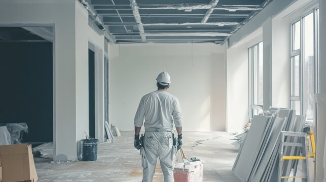 A commercial renovation scene in a corporate office, with professional painters applying new wall colors and updating the interior space