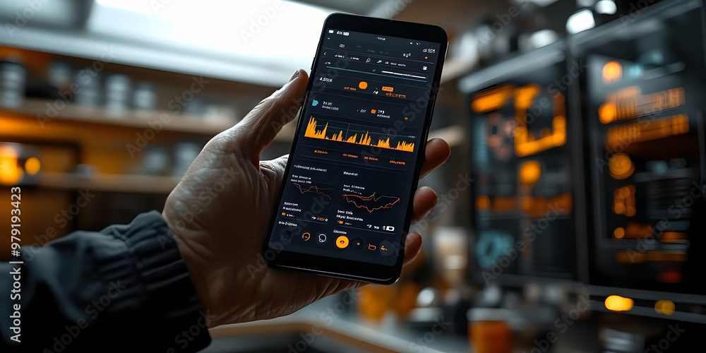 Poster photorealistic image of mobile phone displaying stock market data and charts