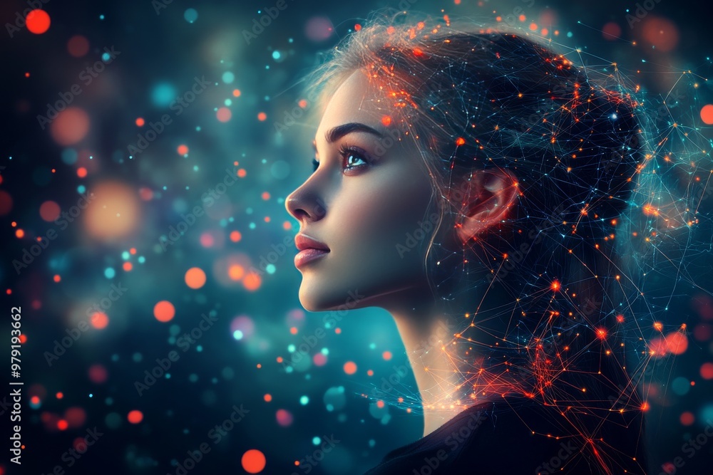 Aufkleber woman gazing upward in a digital landscape with intricate neural patterns and glowing lights express