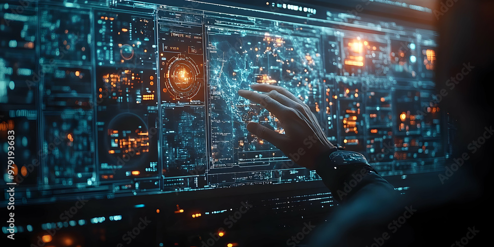 Poster illustration of big data analytics, digital display with data analysis, charts, and graphs