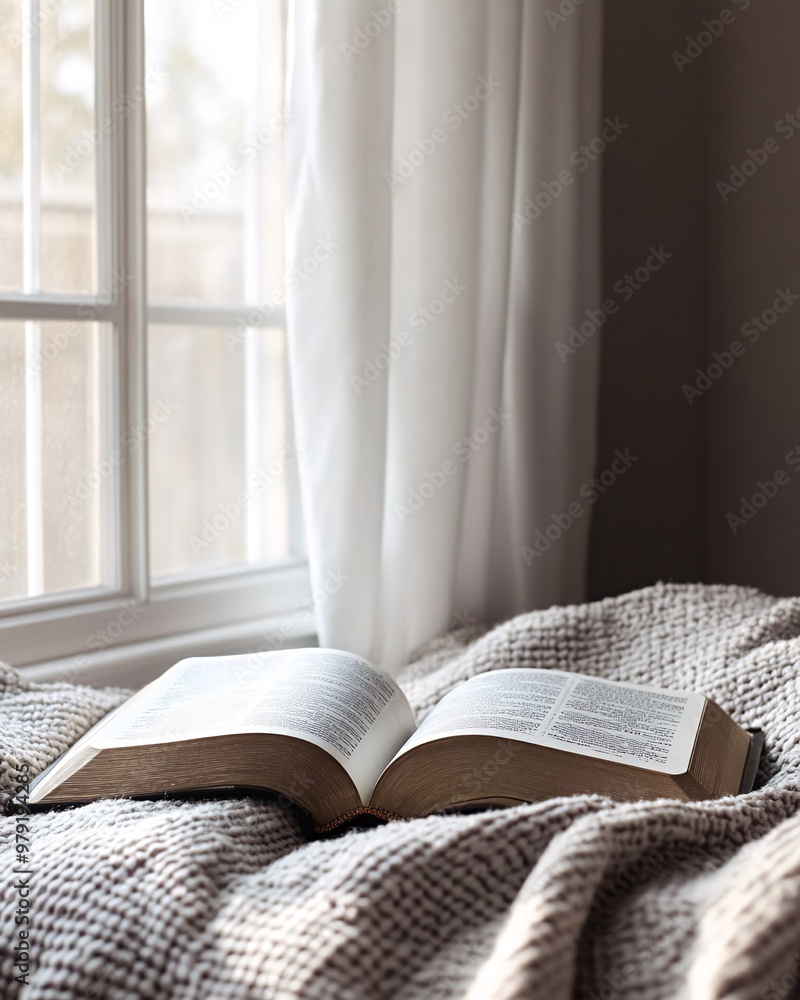Poster an open book rests on a soft blanket near a window with sunlight streaming in.