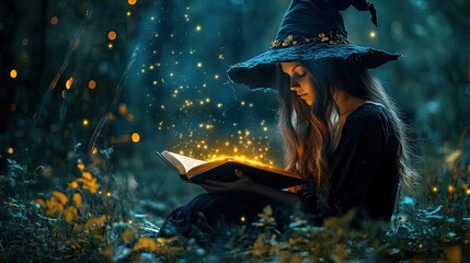 A witch with a glowing enchanted book reads in the moonlit forest, her sparkling eyes reflecting the magic in the air.