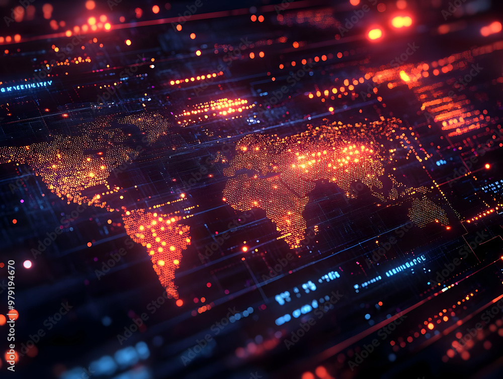 Poster Global Network Illustration - Glowing World Map with Data Points and Connections