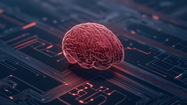 Futuristic concept of artificial intelligence showcasing a digital brain on a circuit board, symbolizing technology and innovation.