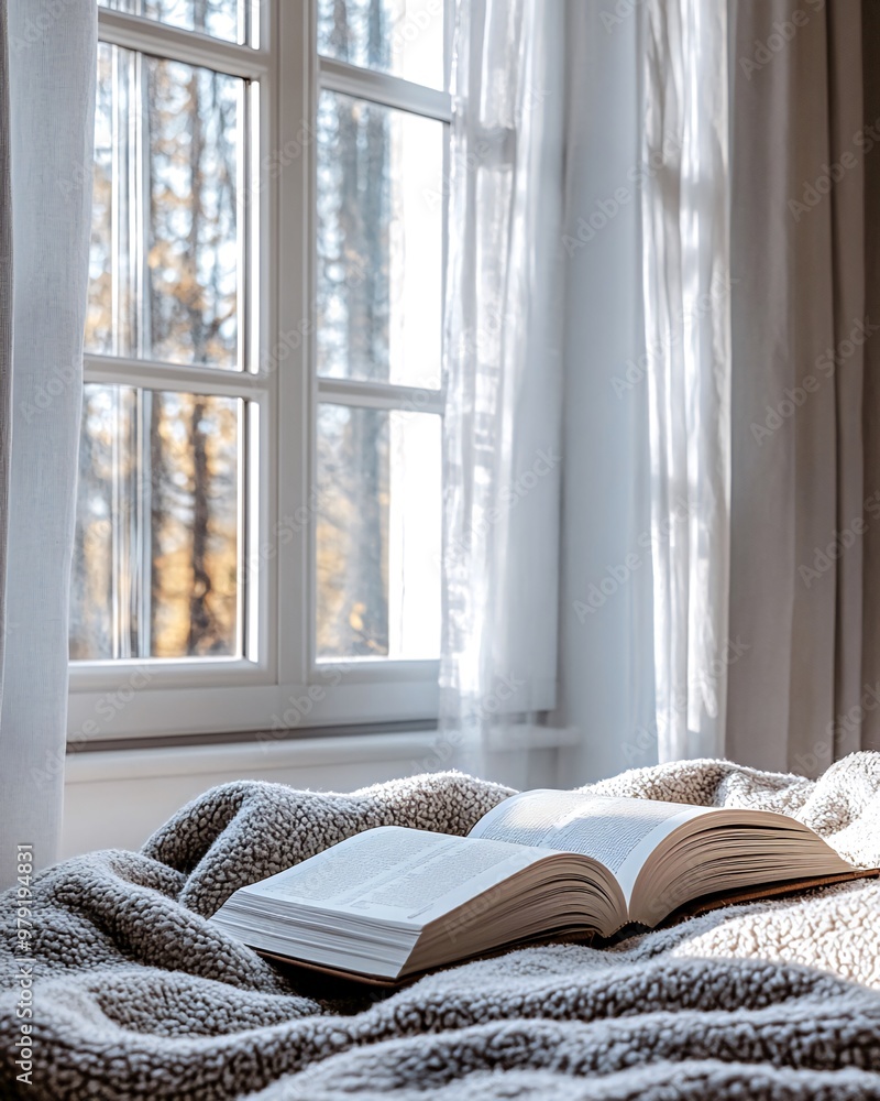 Aufkleber an open book lies on a soft blanket in front of a window with white curtains and a view of trees.