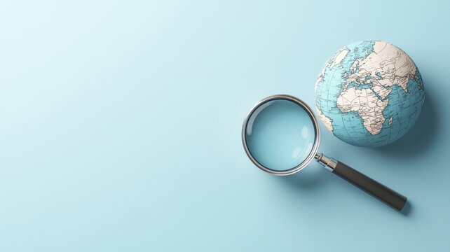 Magnifying glass and globe on blue background, symbolizing exploration, discovery, and global research. Space for text on the left side.