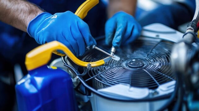 A detailed close-up of an air conditioner being cleaned during a routine maintenance service, with a technician using specialized tools to ensure the system's cleanliness and efficiency