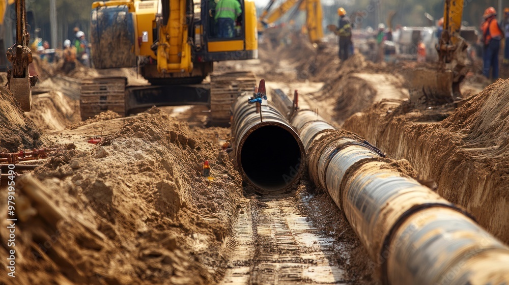 Aufkleber a detailed view of a gas pipeline construction site, with heavy machinery and workers installing new