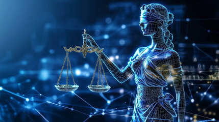 AI-driven legal systems designed for predicting case outcomes with advanced algorithms and real-time data analysis. The futuristic interface highlights legal innovation, transforming the accuracy and 
