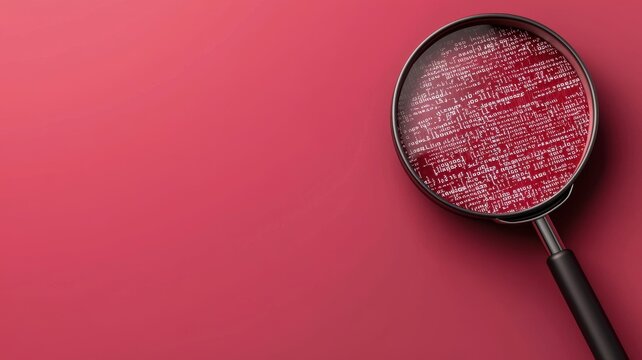 Magnifying glass examining red computer code. Concept of cybersecurity, programming, and digital investigation. Isolated on red background.