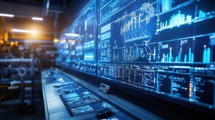 Naklejka premium A detailed view of a gas pipeline control room, where engineers monitor the real-time flow and distribution of natural gas through advanced digital systems