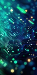 Blue and green abstract electronic PCB background with intricate 3D circuit paths and glowing elements The sharp lines and modern