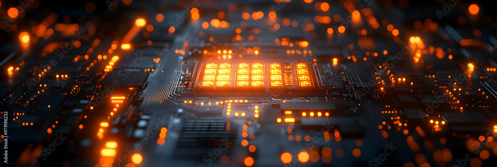 Poster 3d render abstract background - futuristic circuit board with glowing orange lights