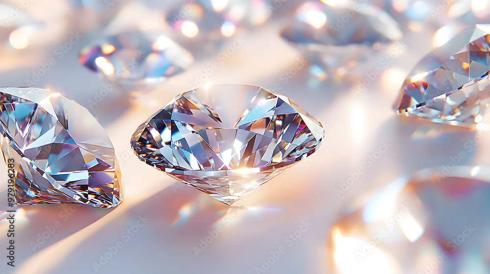Poster close up of diamonds of different cuts and sizes on light background with shadows : generative ai