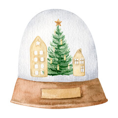 Watercolor composition with a snow globe with a decorated Christmas tree and houses