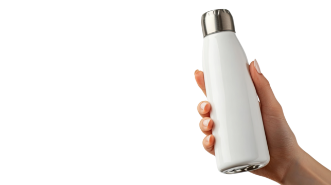 A hand holding a water bottle against a white background - Powered by Adobe