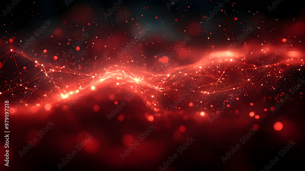 Poster abstract red network background with glowing particles