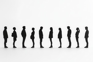 Row of black silhouettes of people on white background