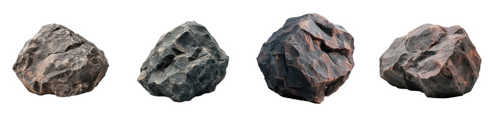 Obraz premium A collection of various textured rocks showcasing unique shapes and colors suitable for natural landscape designs. isolated on a transparent background