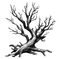 Obraz premium Artistic depiction of a twisted tree, showcasing intricate branches and a unique, weathered texture. isolated on a transparent background