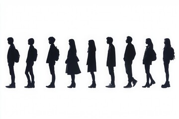 Row of black silhouettes of people on white background